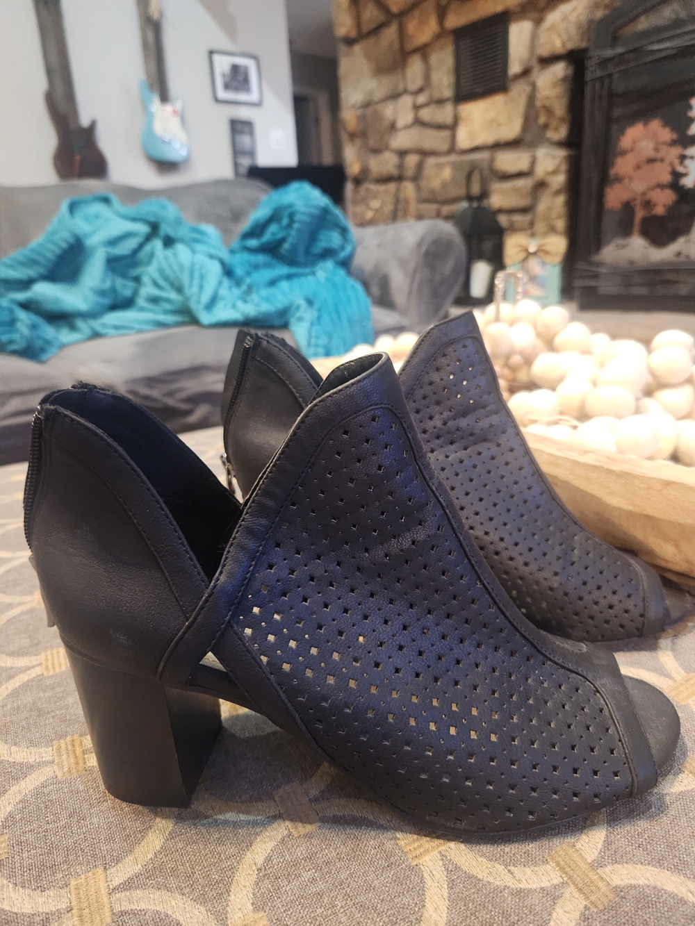 Ana Women’s Black Perforated Peep-Toe Block Heel Booties